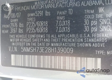 2008 Hyundai Santa Fe Limited/Se из США, поврежденный, VIN 5NMSH73E28H139009